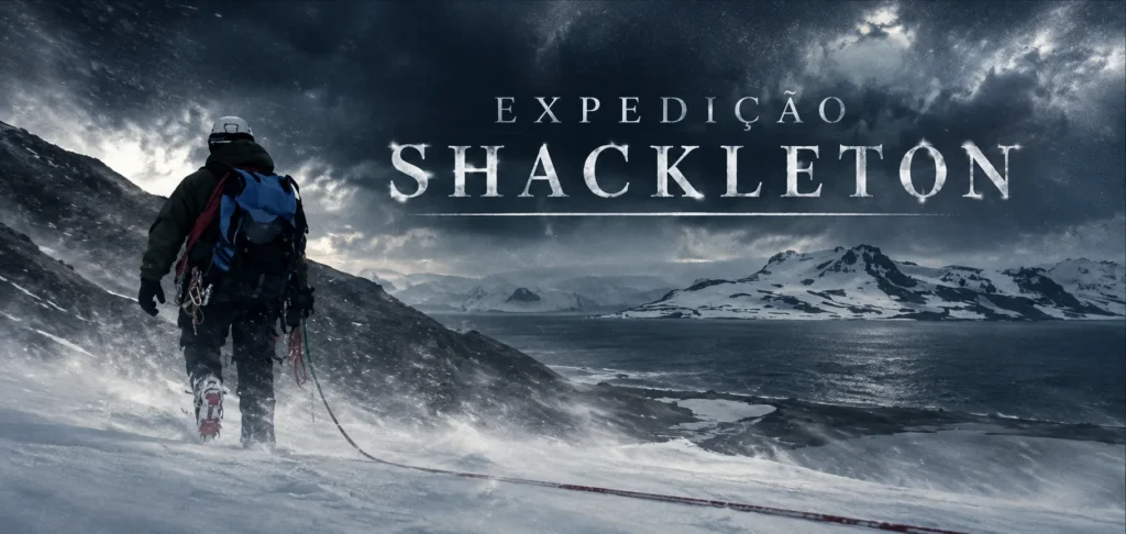 Cartaz de Expedição Shackleton, com um montanhista de costas em meio à tempestade de neve diante do mar polar